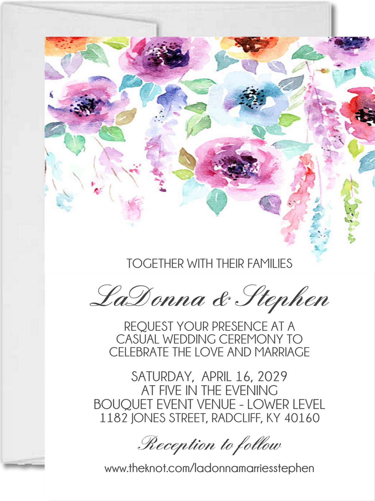 Colorful watercolor floral wedding invitation featuring vibrant pink, purple, blue, and coral flowers on a white background.