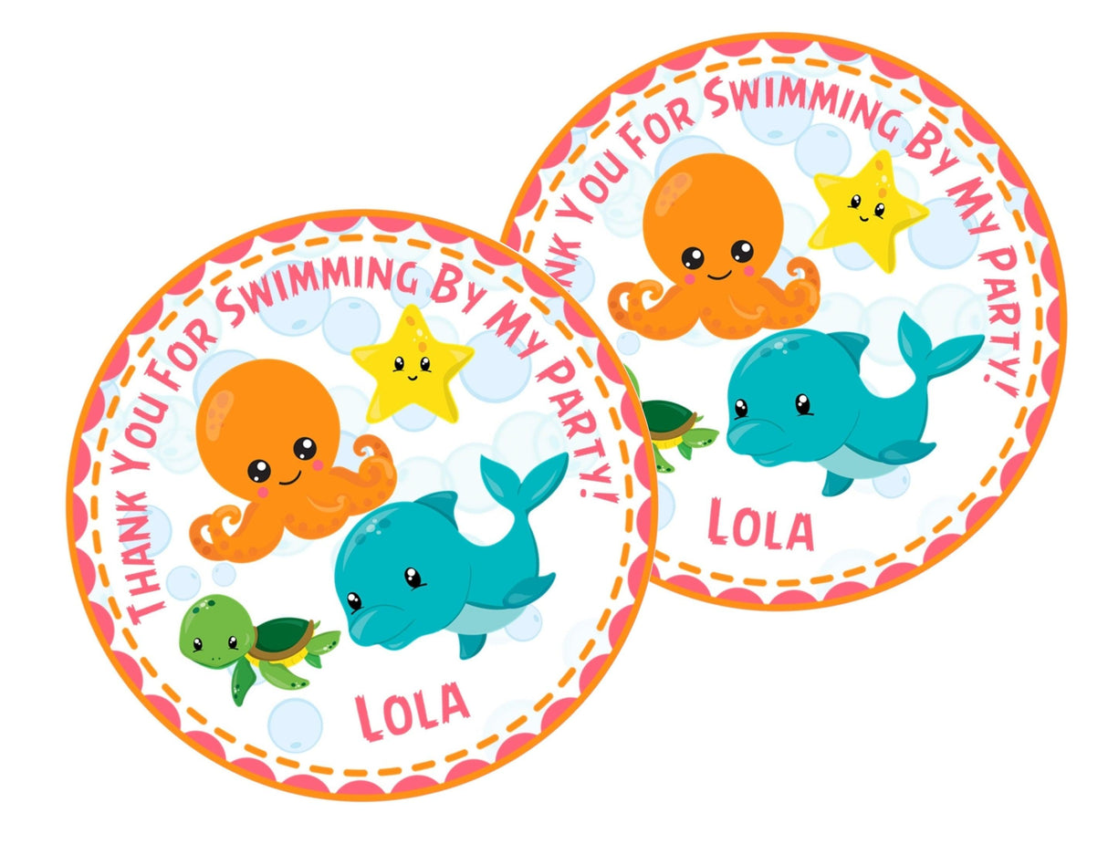 Coral under the sea party favor label with ocean animals