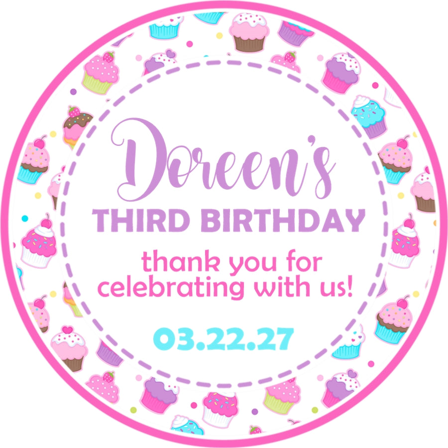 Cupcake birthday sticker with dessert theme and custom name