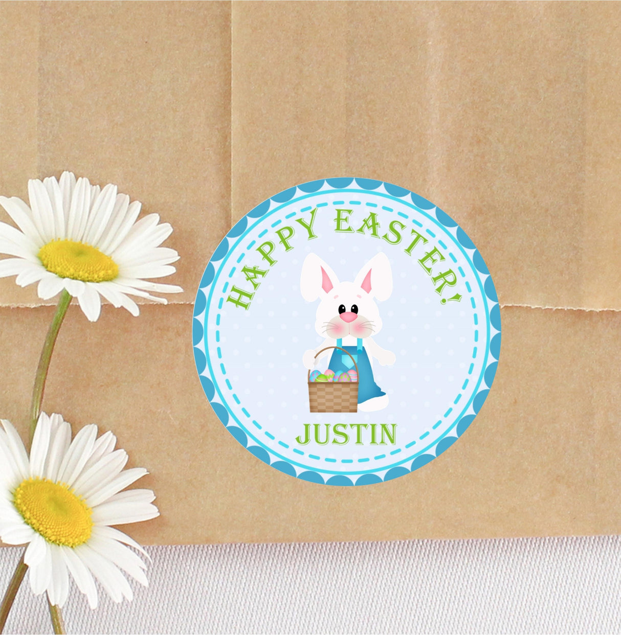 Custom Easter favor sticker with bunny and basket design