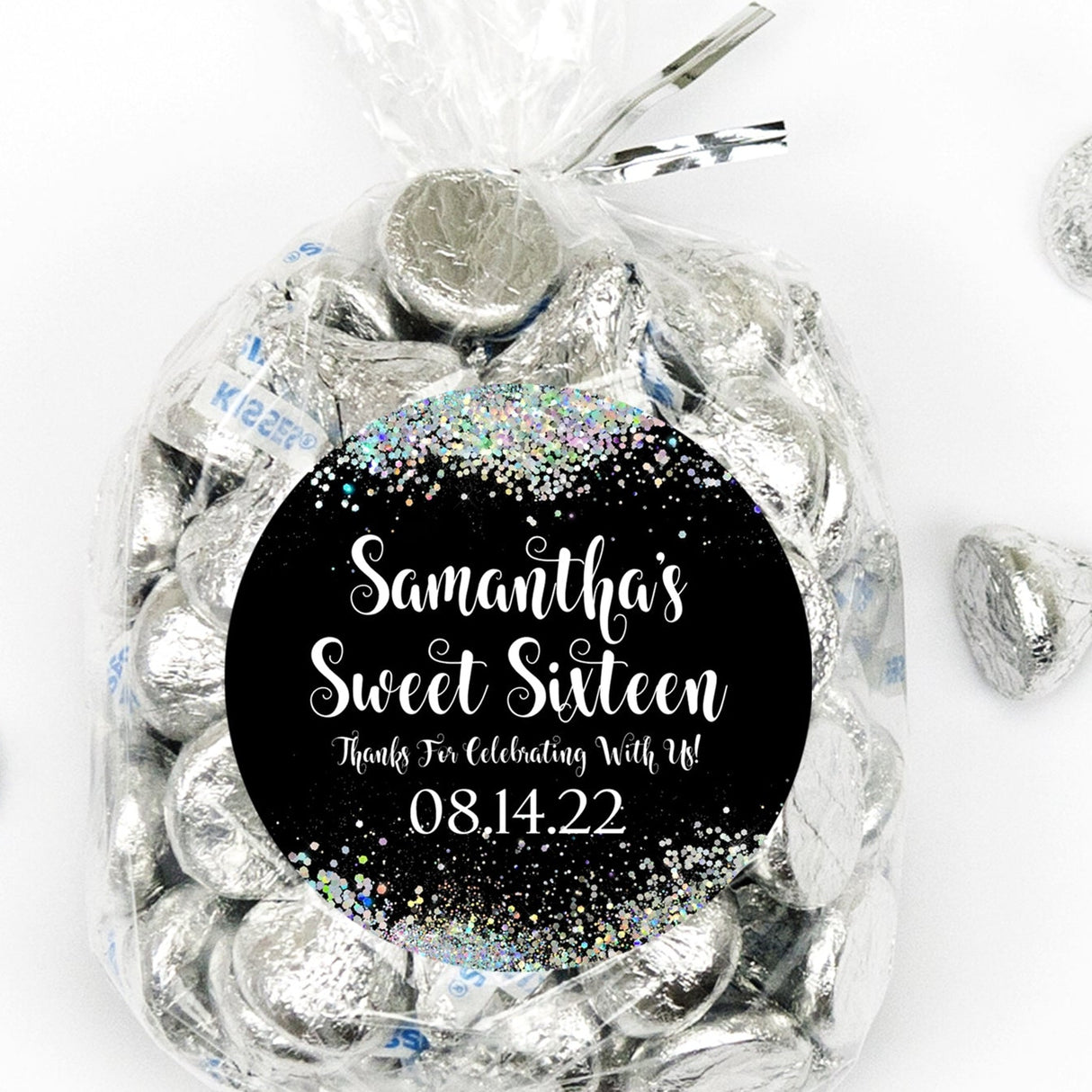 Custom black confetti Sweet 16 party sticker