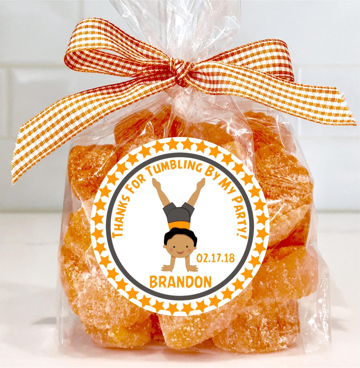 Custom boys gymnastics party favor sticker with name and date