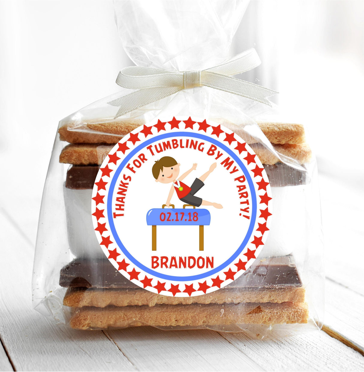 Custom boys gymnastics treat bag sticker design