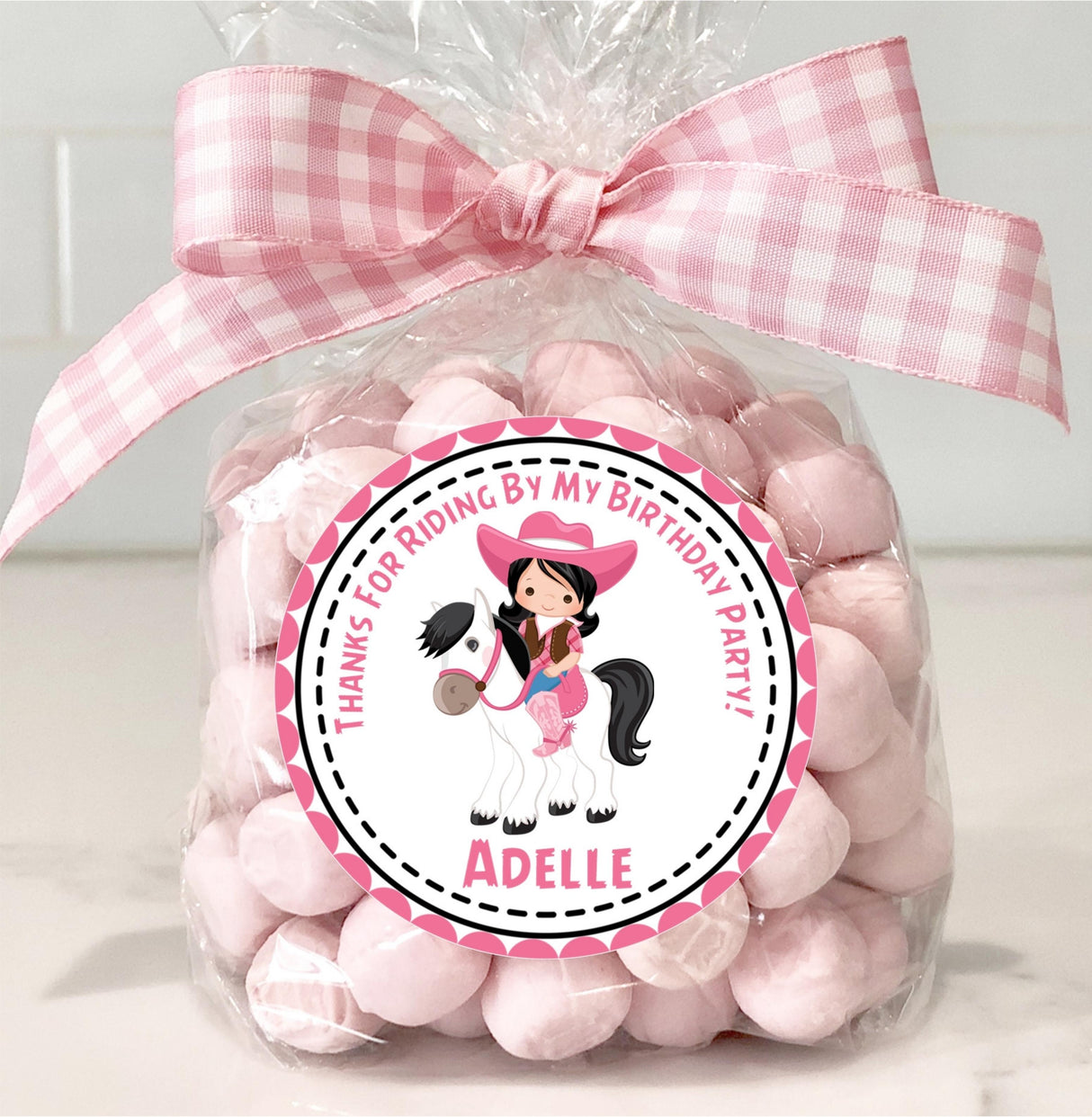 Custom cowgirl label for birthday favors
