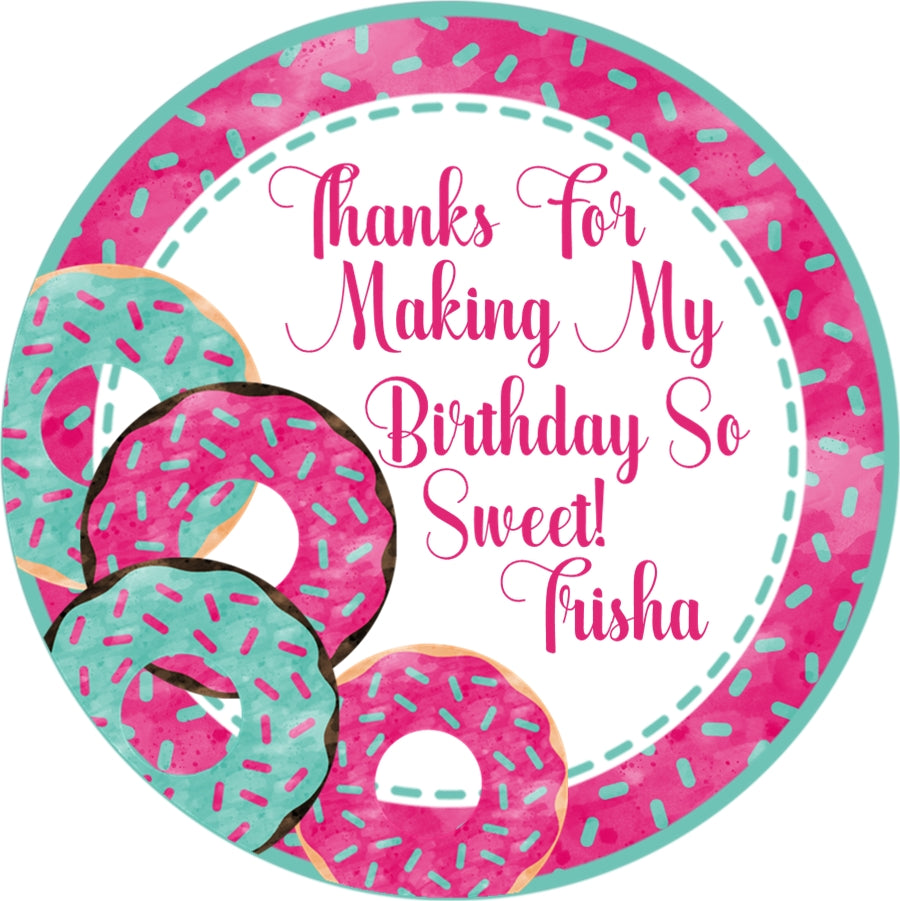 Custom donut party favor label with bright colorful donut border