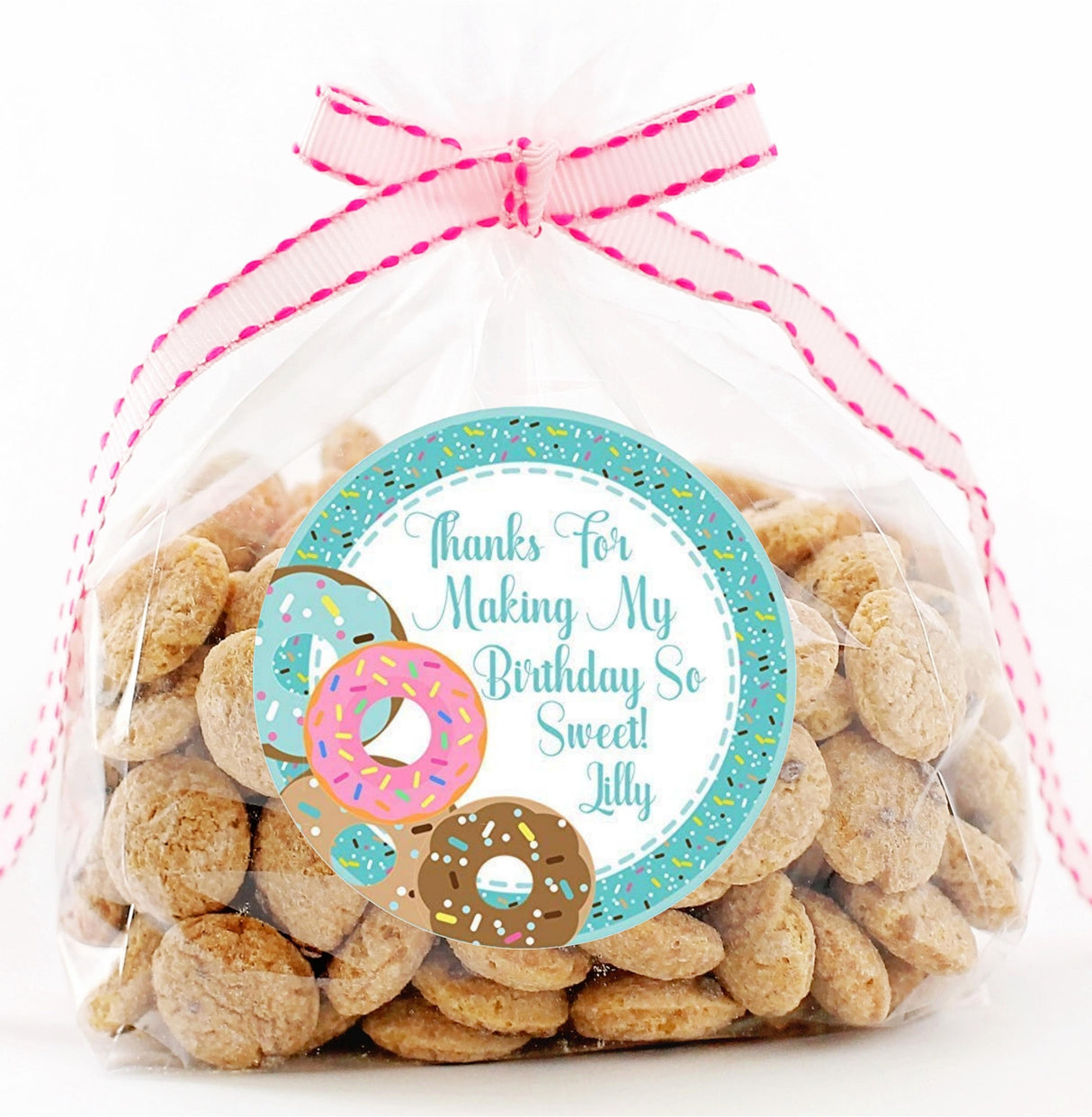 Custom donut sticker for kid’s birthday party favors