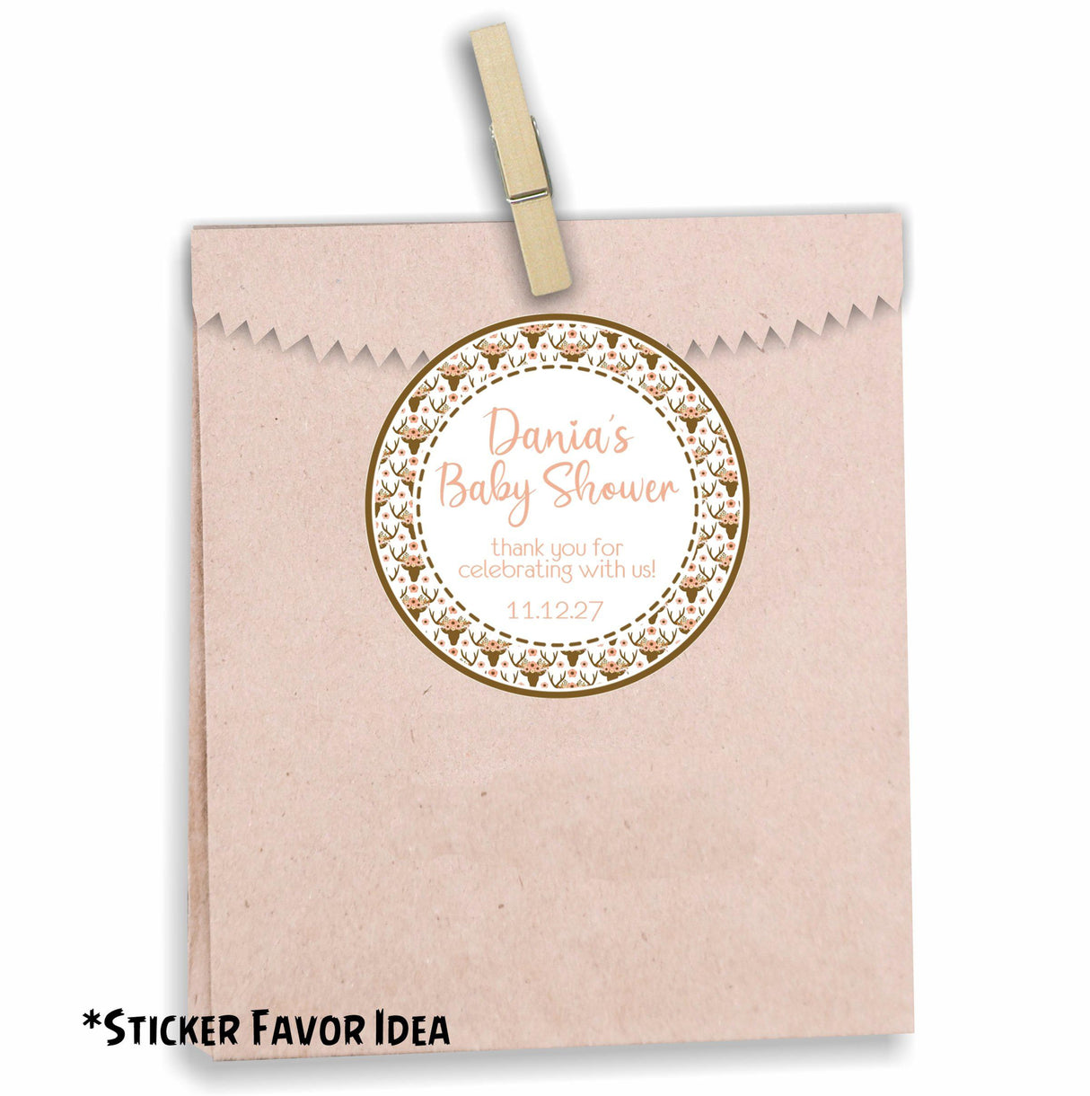 Custom girl baby shower favor sticker with deer antlers and flowers
