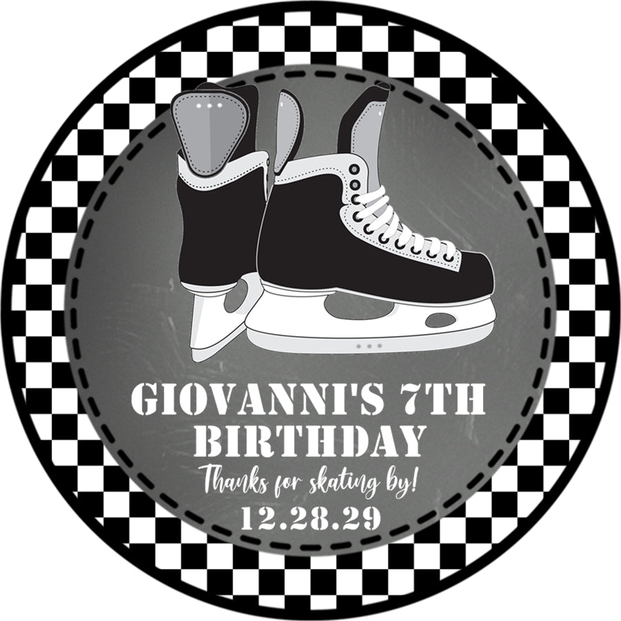 Custom hockey and ice skating birthday label with monochrome design