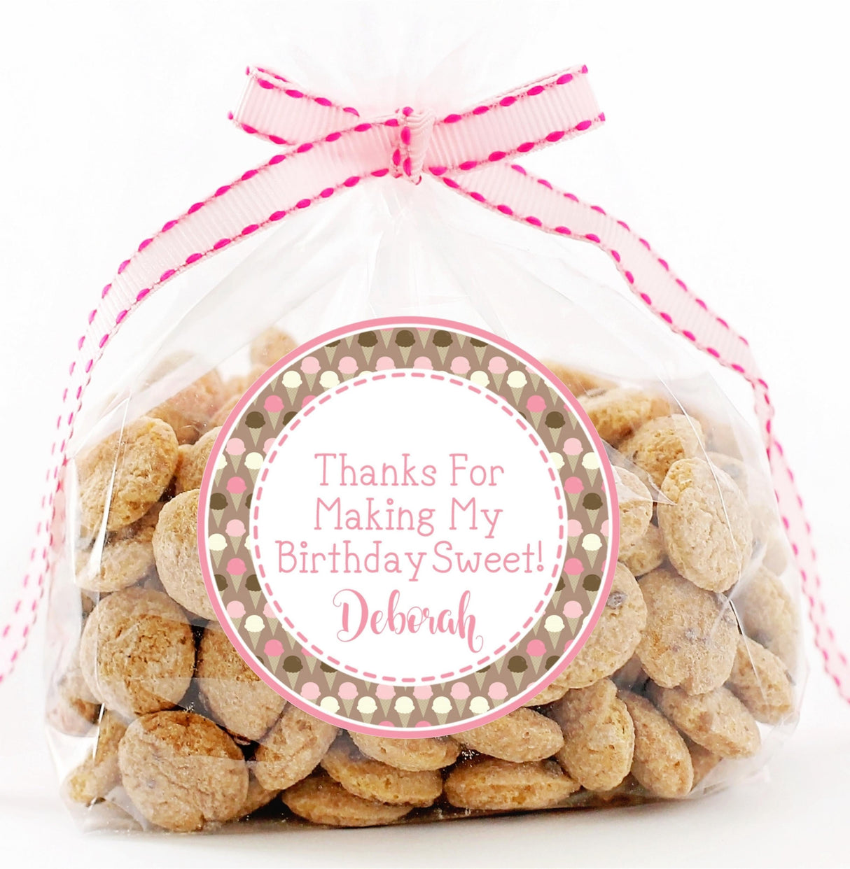 Custom ice cream party favor label in pink and tan colors
