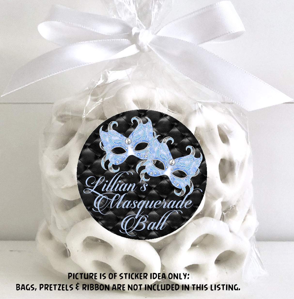 Custom light blue mask party favor sticker with printed glitter design