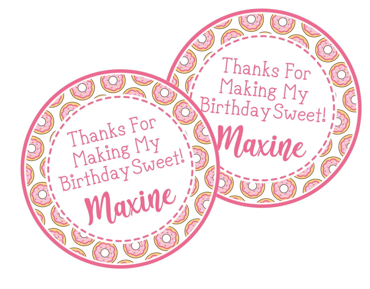 Custom pink donut party favor label with personalized name