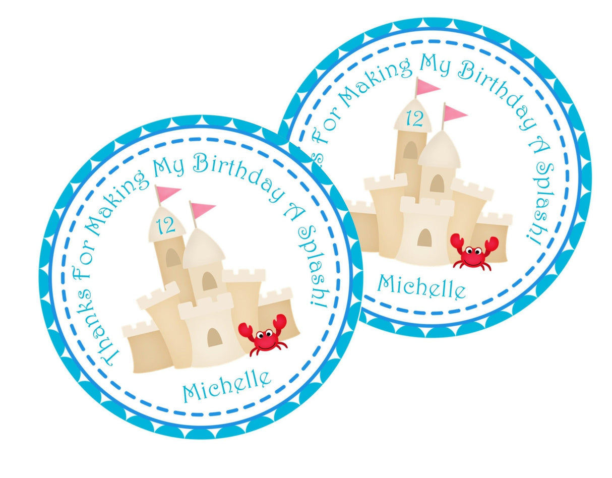Custom sandcastle party favor label with coastal theme