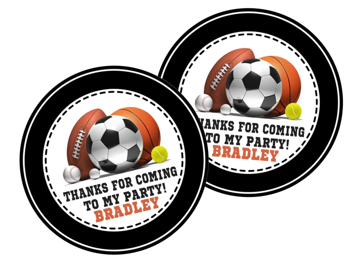 Custom sports party favor label with child’s name and assorted sports balls