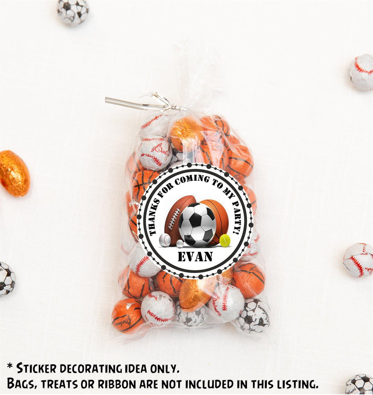 Custom sports theme favor label with child’s name Evan