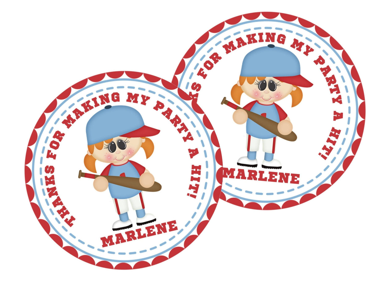 Cute baseball girl character party label