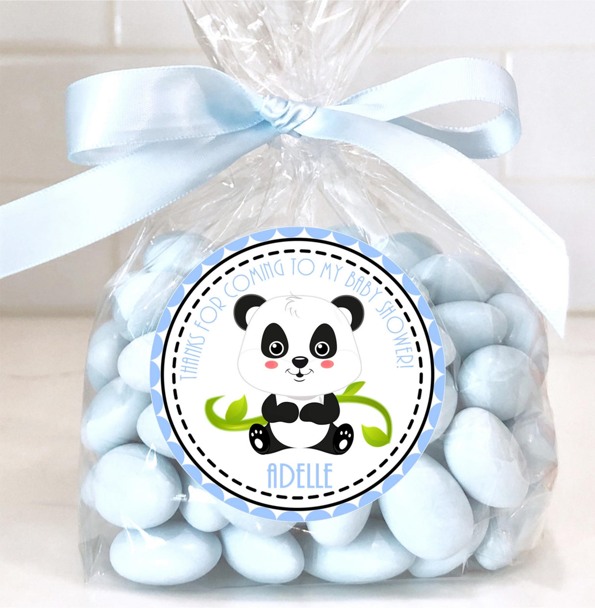 Cute blue panda sticker for boy baby shower favors