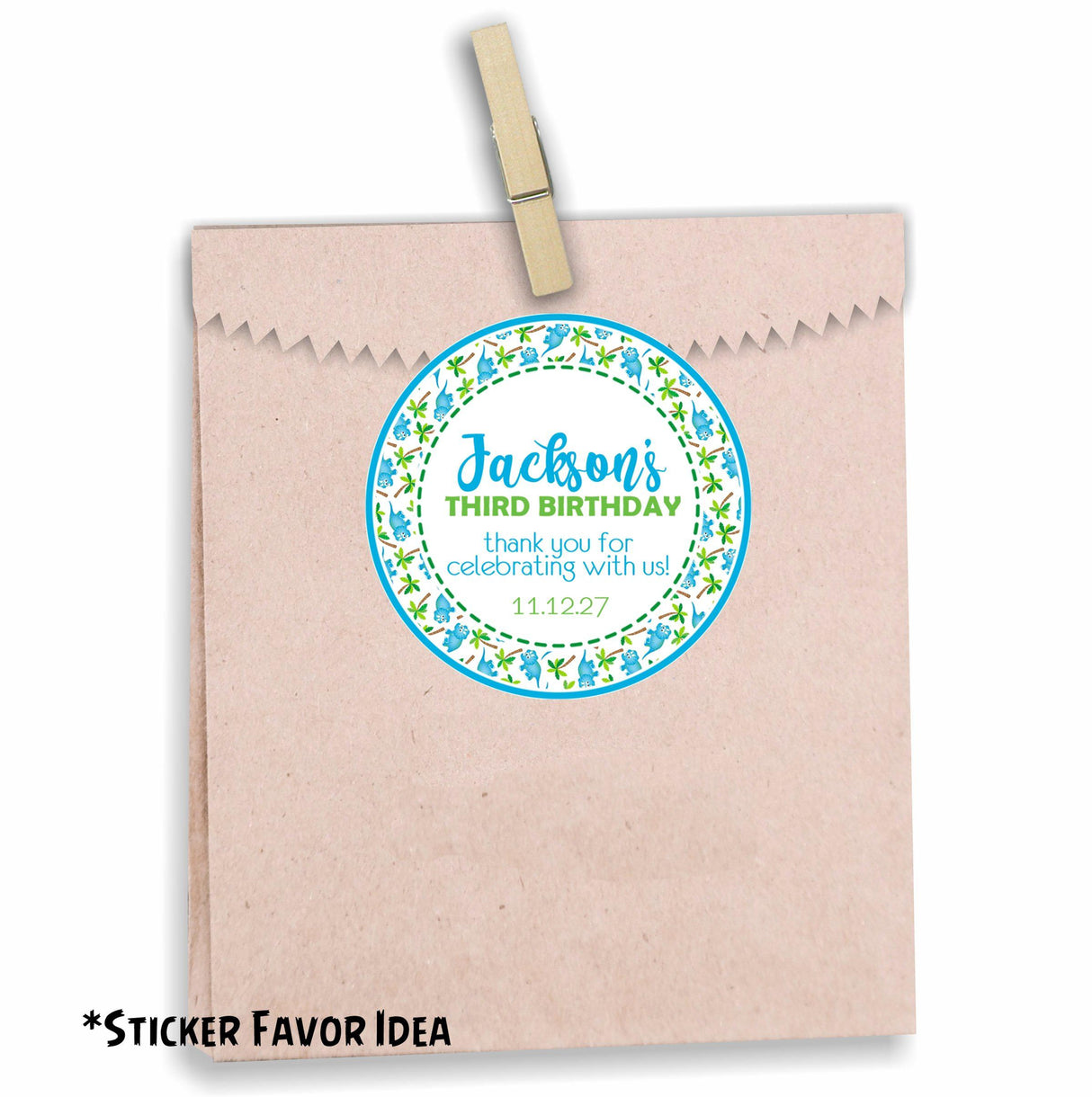 Cute dinosaur themed birthday sticker for kids