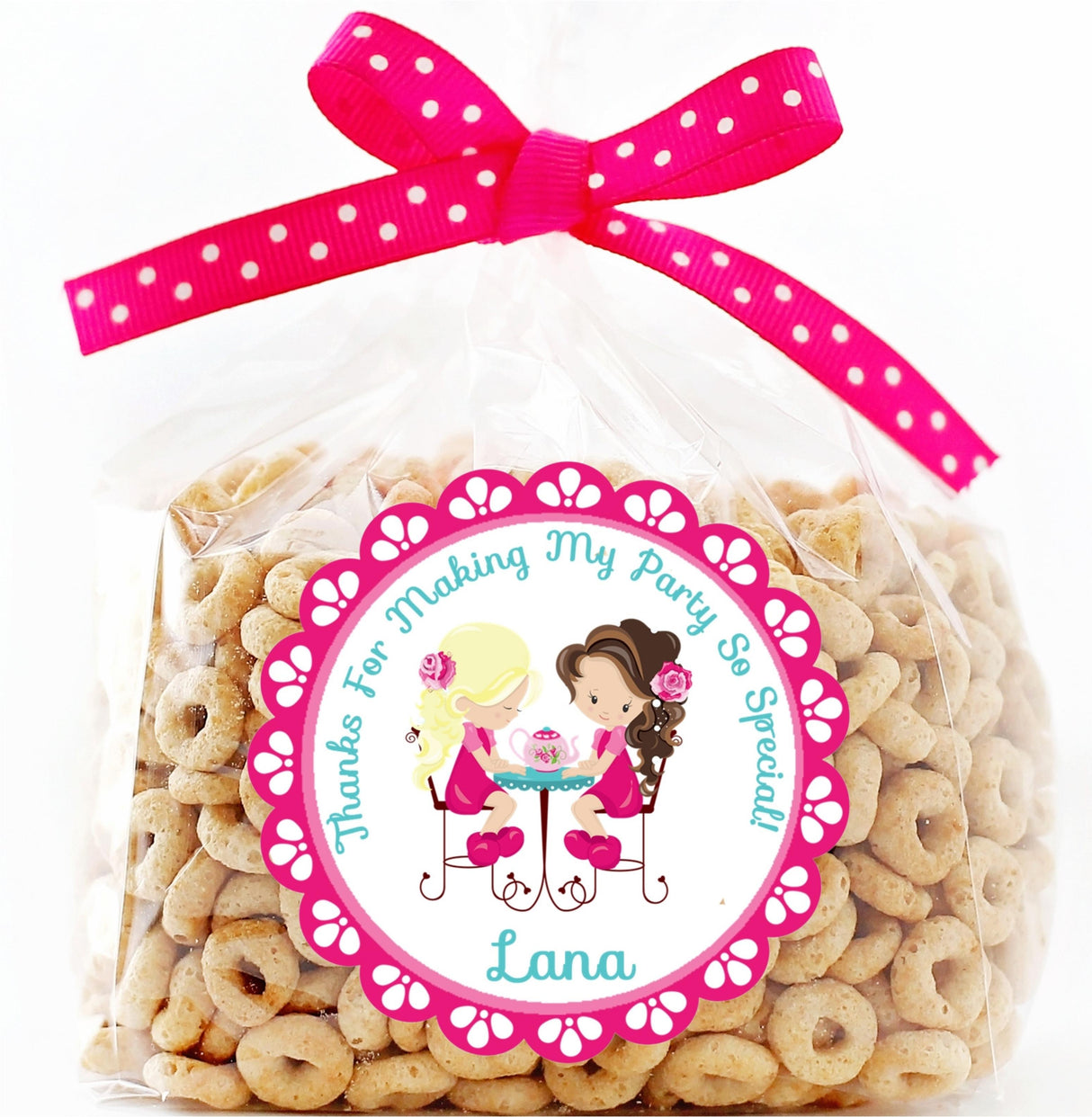 Cute girly tea theme birthday sticker with custom name