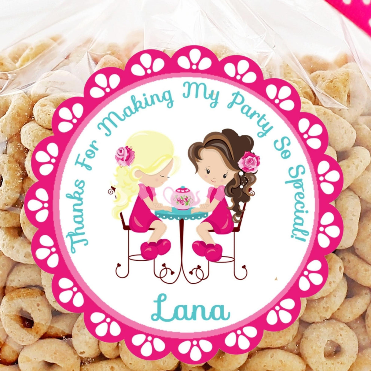 Cute girly tea theme birthday sticker with custom name