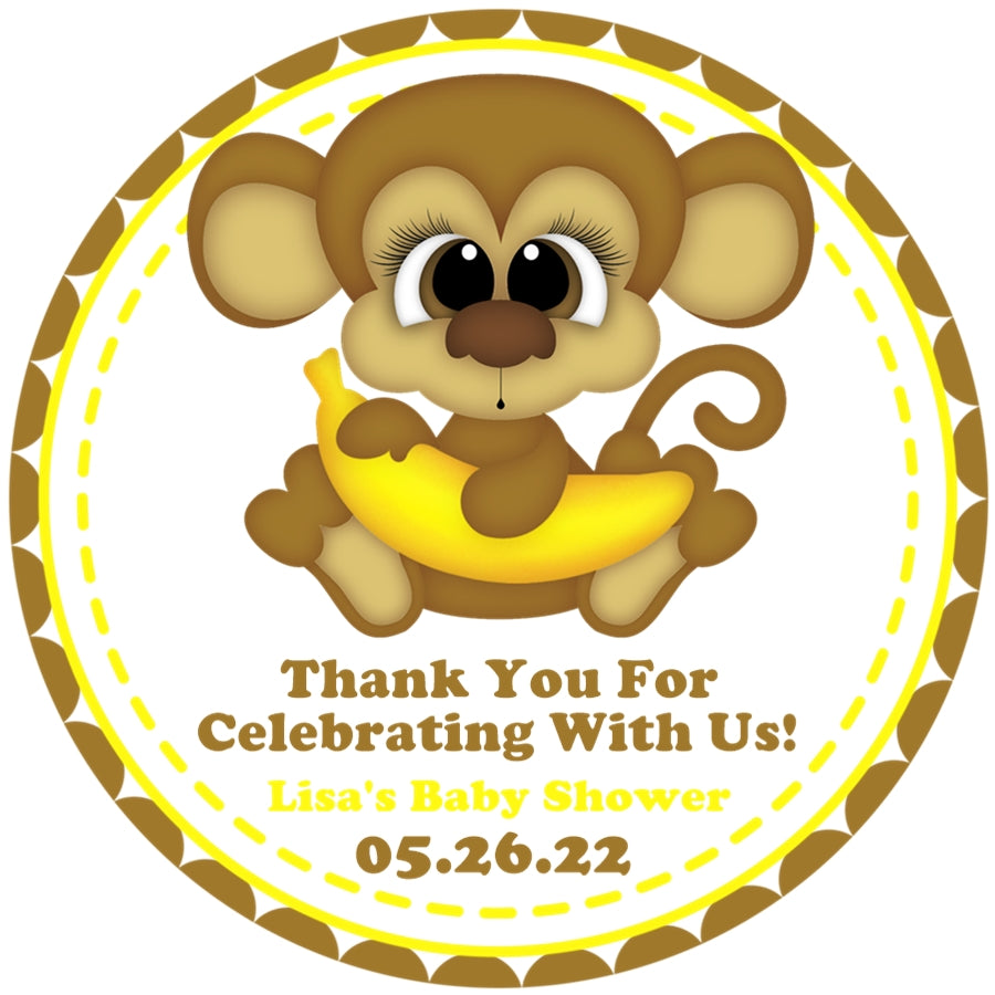 Cute monkey baby shower sticker with yellow accents and banana
