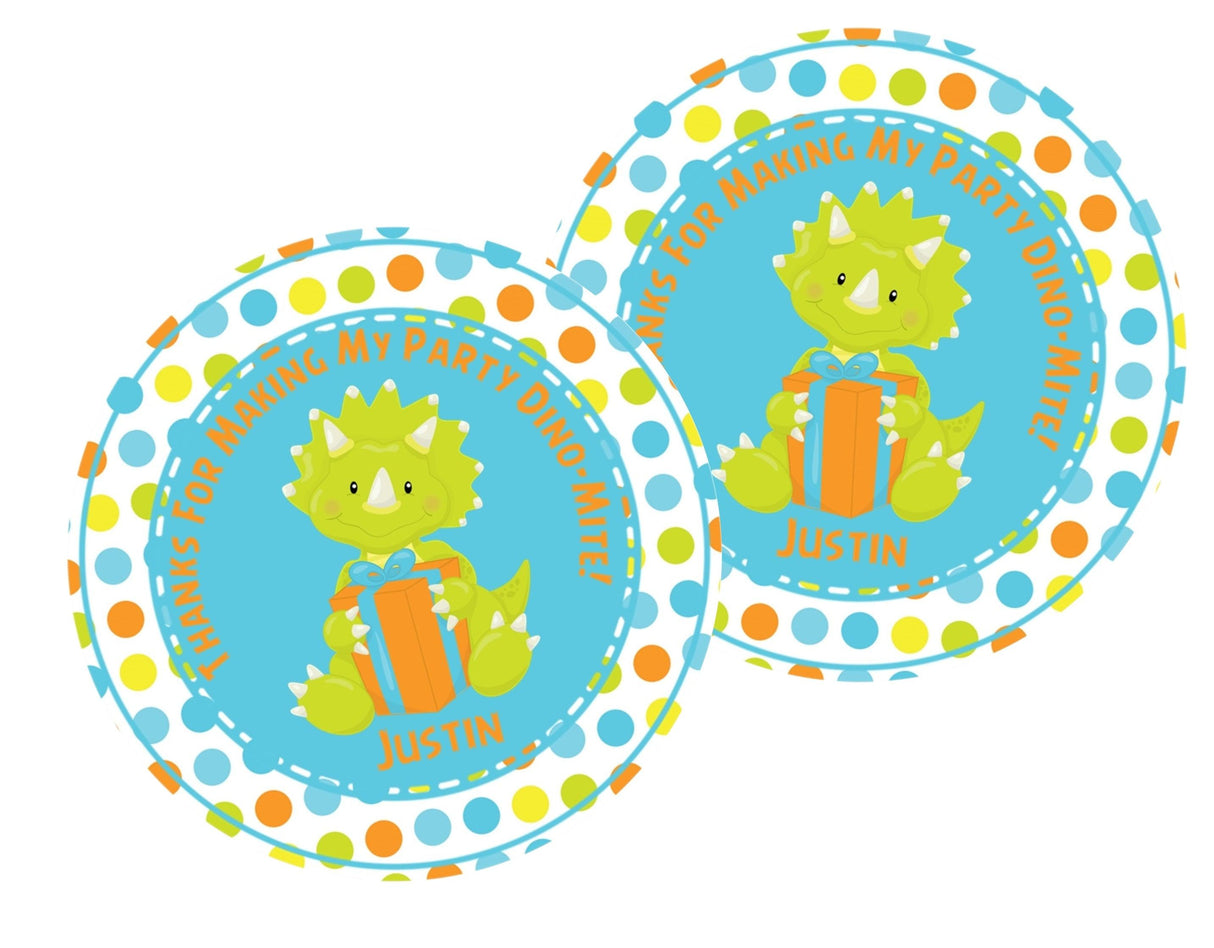 Cute triceratops birthday favor label with bright border