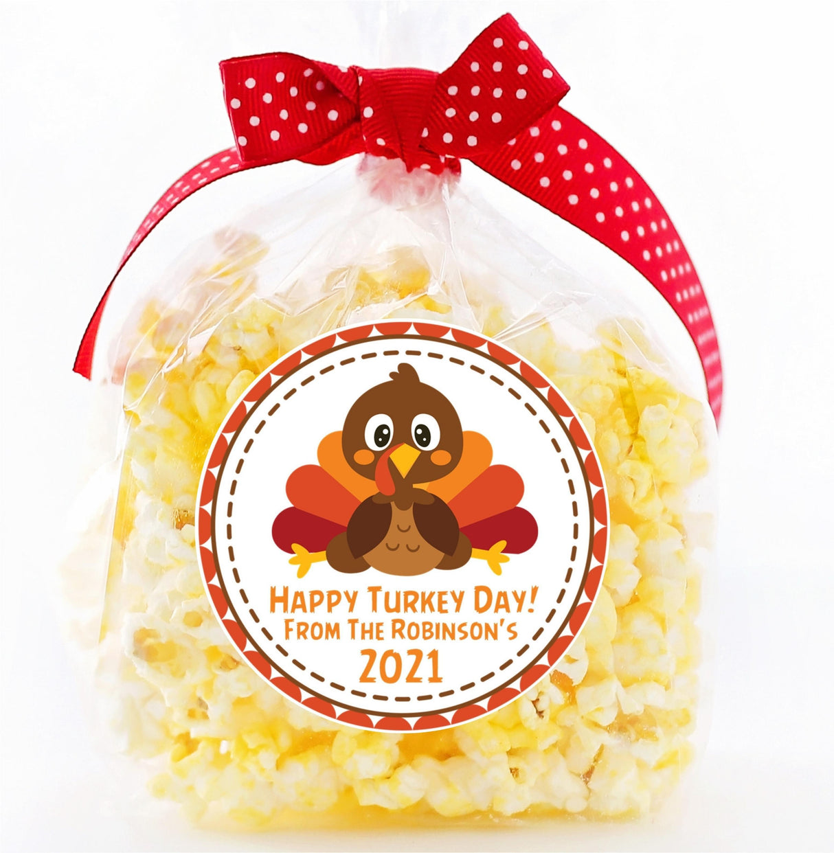 Cute turkey Thanksgiving sticker designed for party favor bags