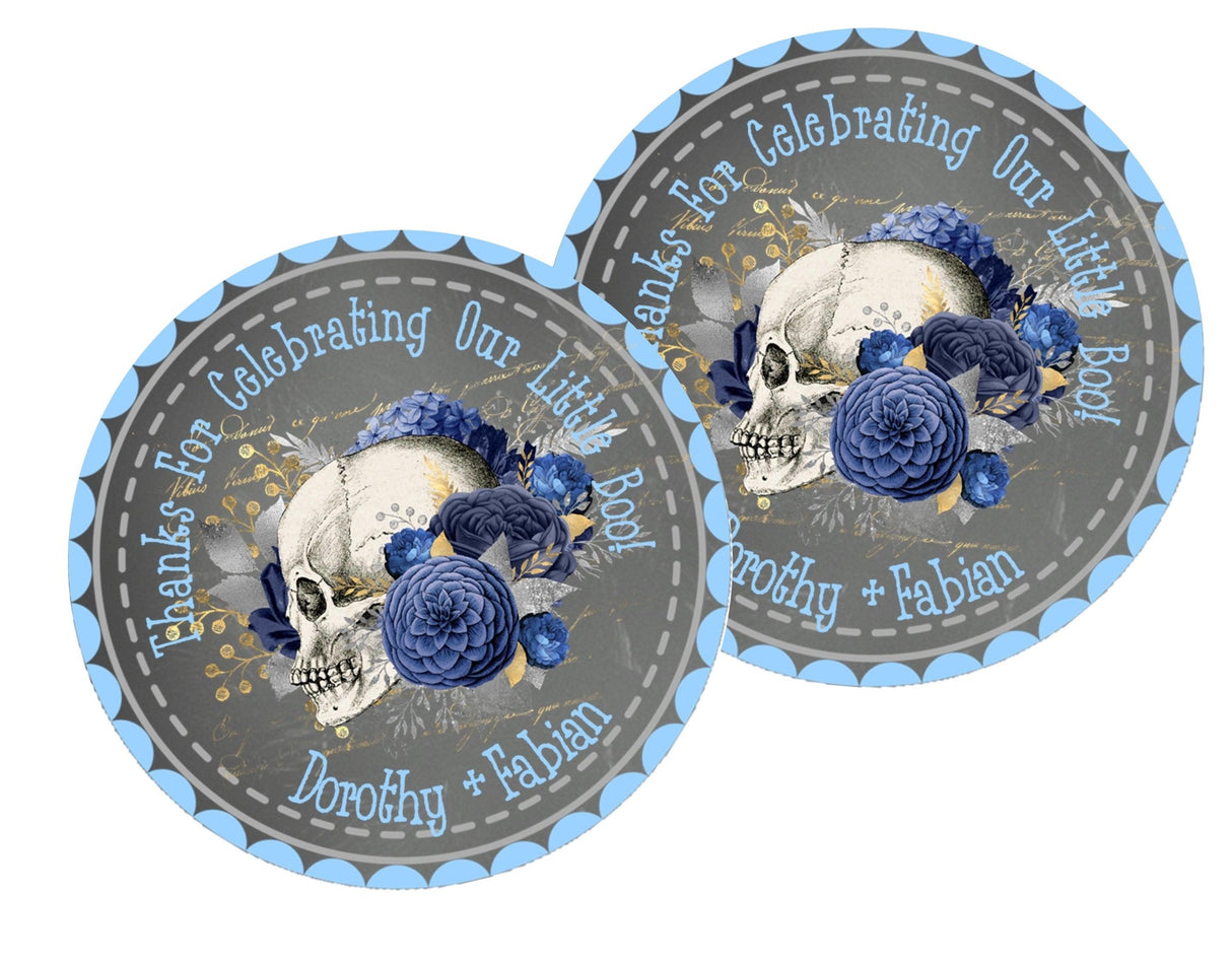 Dark gray skull baby shower sticker with blue flowers