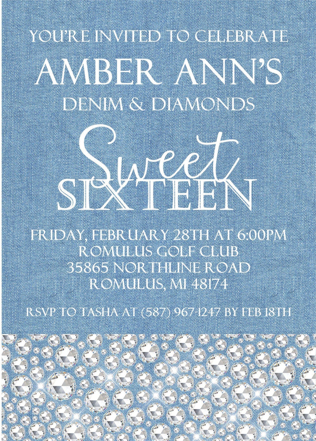 Denim And Diamonds Sweet 16 Party Invitations