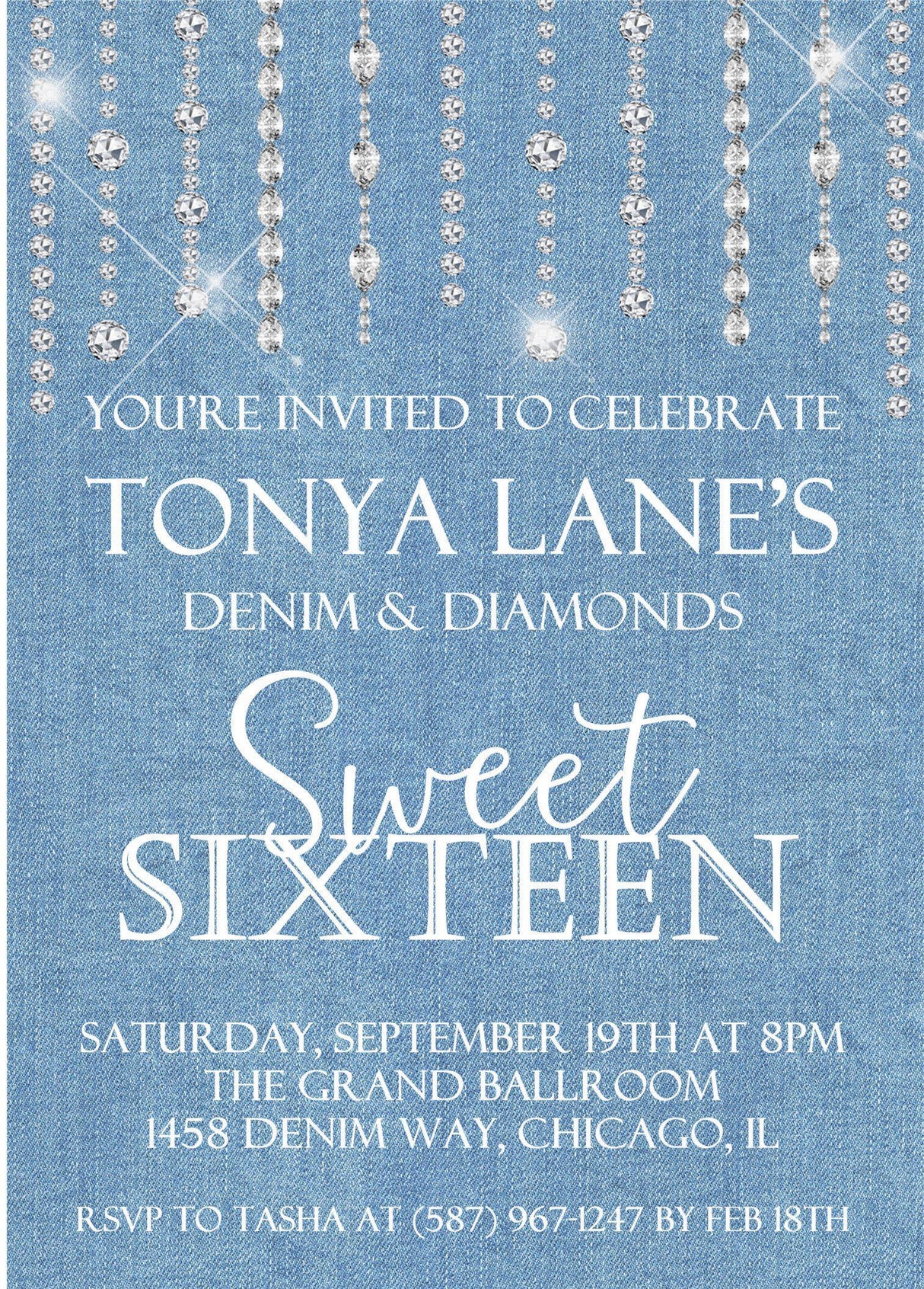 Denim And Diamonds Sweet 16 Party Invitations