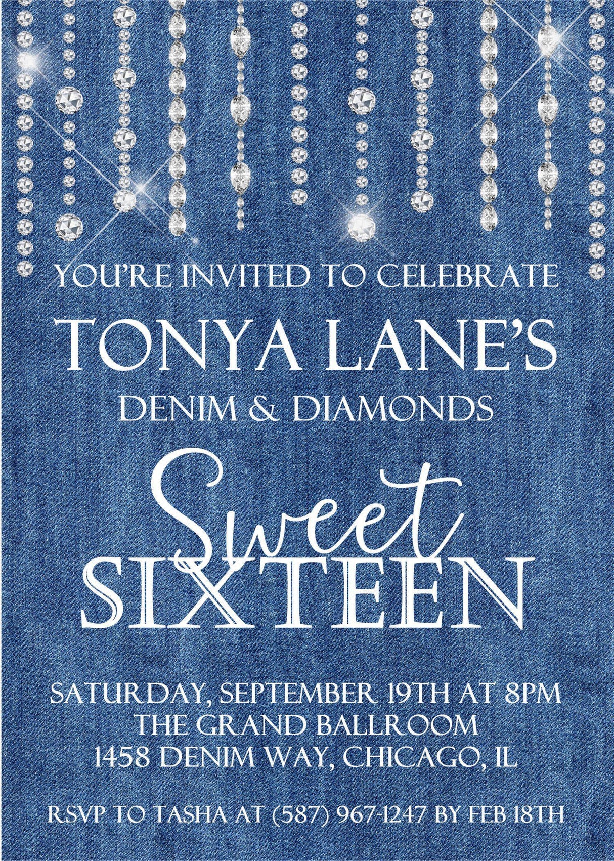 Denim And Diamonds Sweet 16 Party Invitations