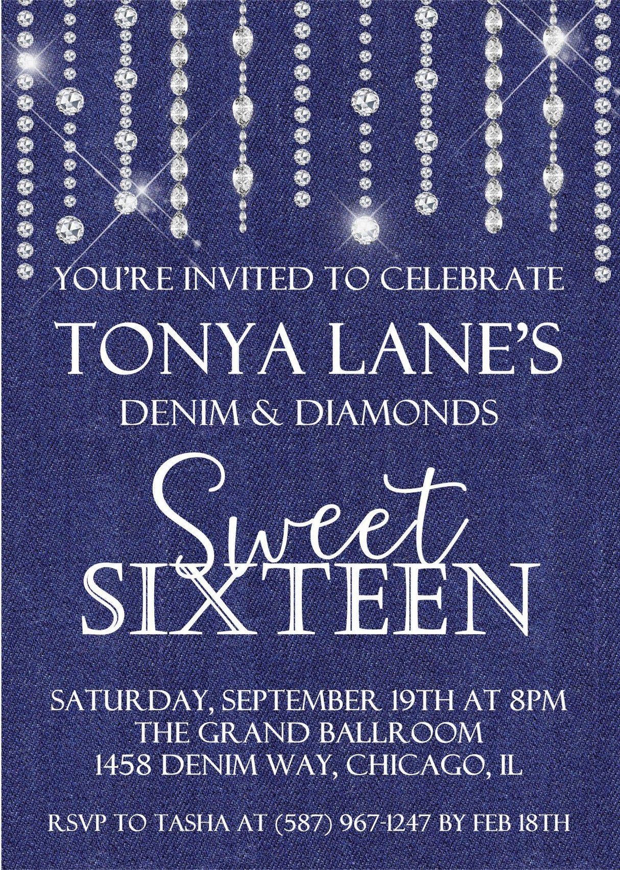 Denim And Diamonds Sweet 16 Party Invitations