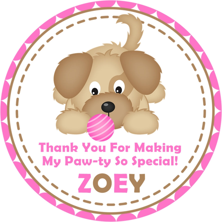 Dog themed birthday sticker with cute girls pink puppy design