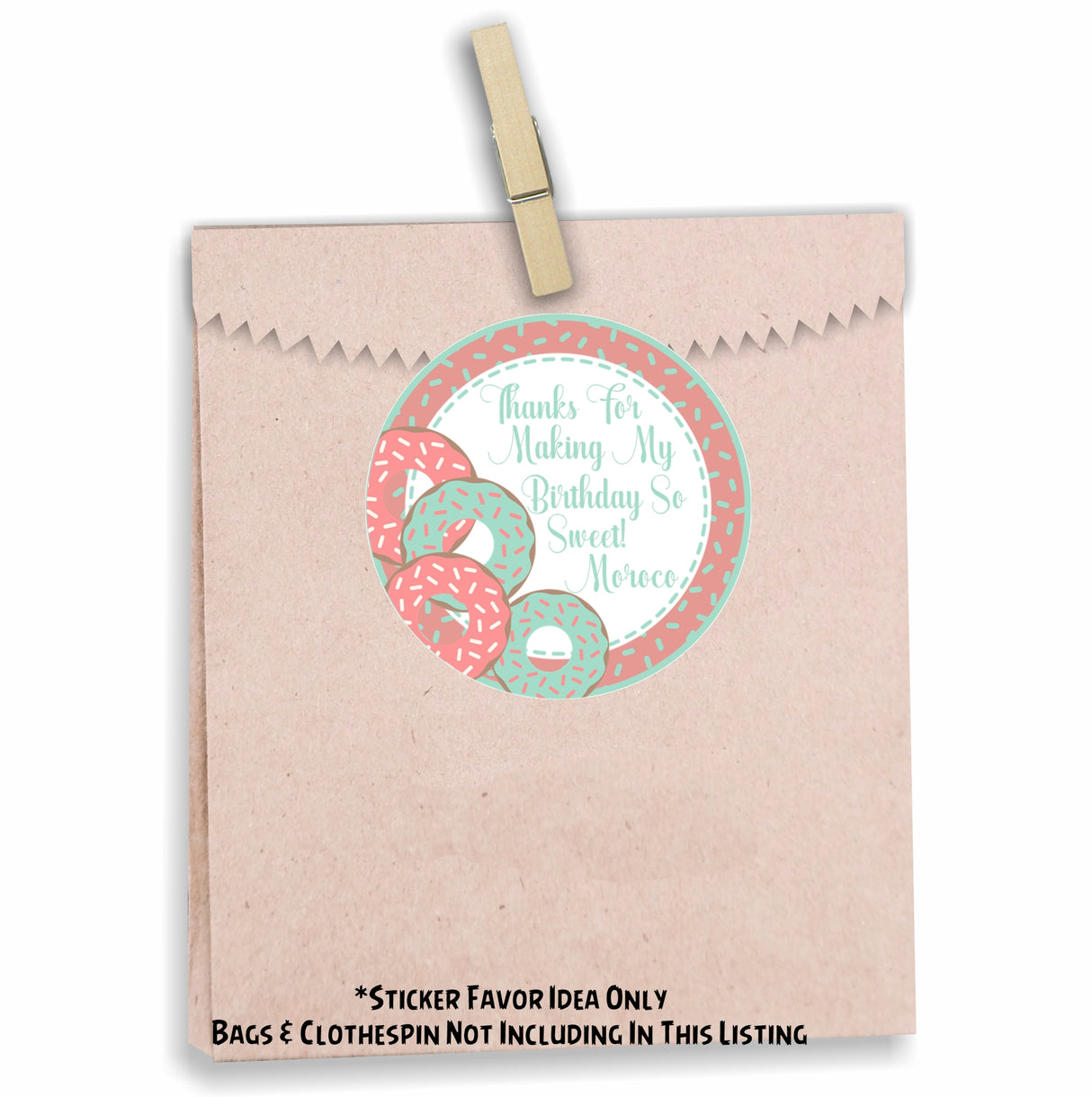 Peach and Mint Donut Birthday Stickers – Personalized Sprinkle Party Favor Labels