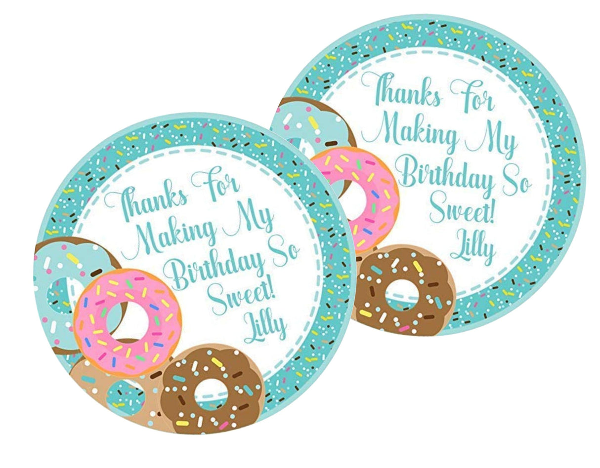 Donut party favor label in pastel turquoise and pink