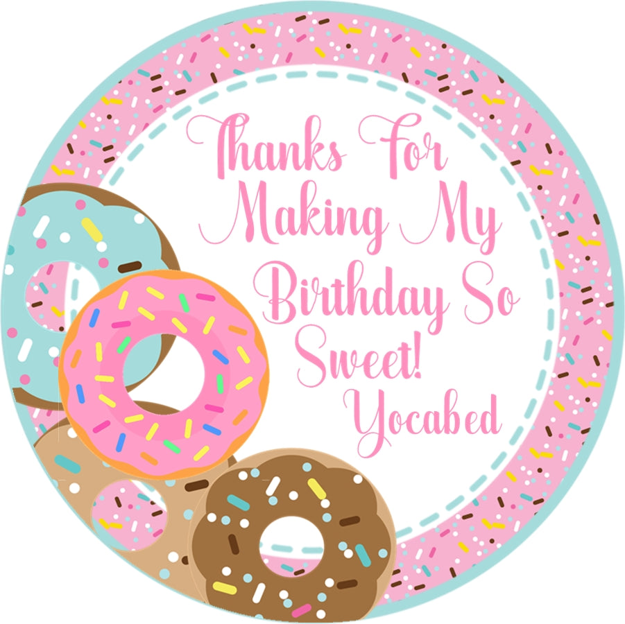 Donut party favor sticker with sweet birthday message