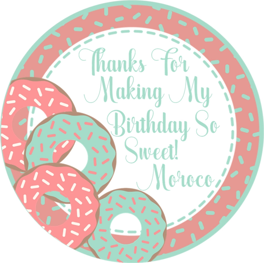 Donut theme birthday sticker with peach and mint frosting