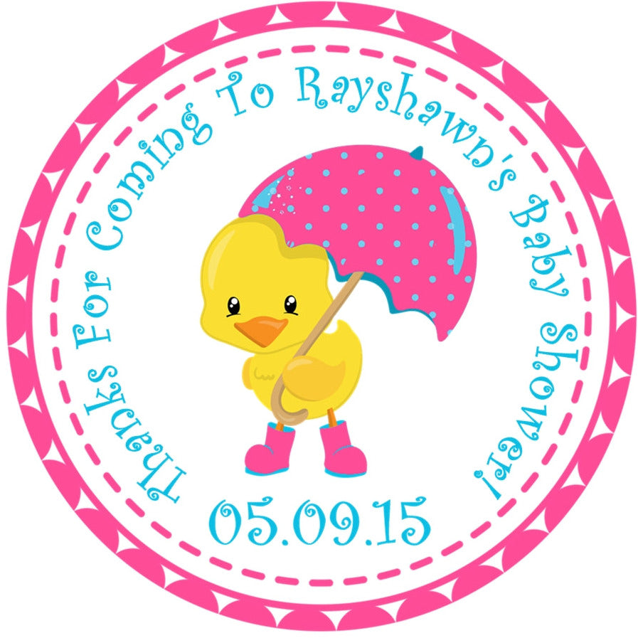 Duck baby shower sticker with pink umbrella and rain boots design