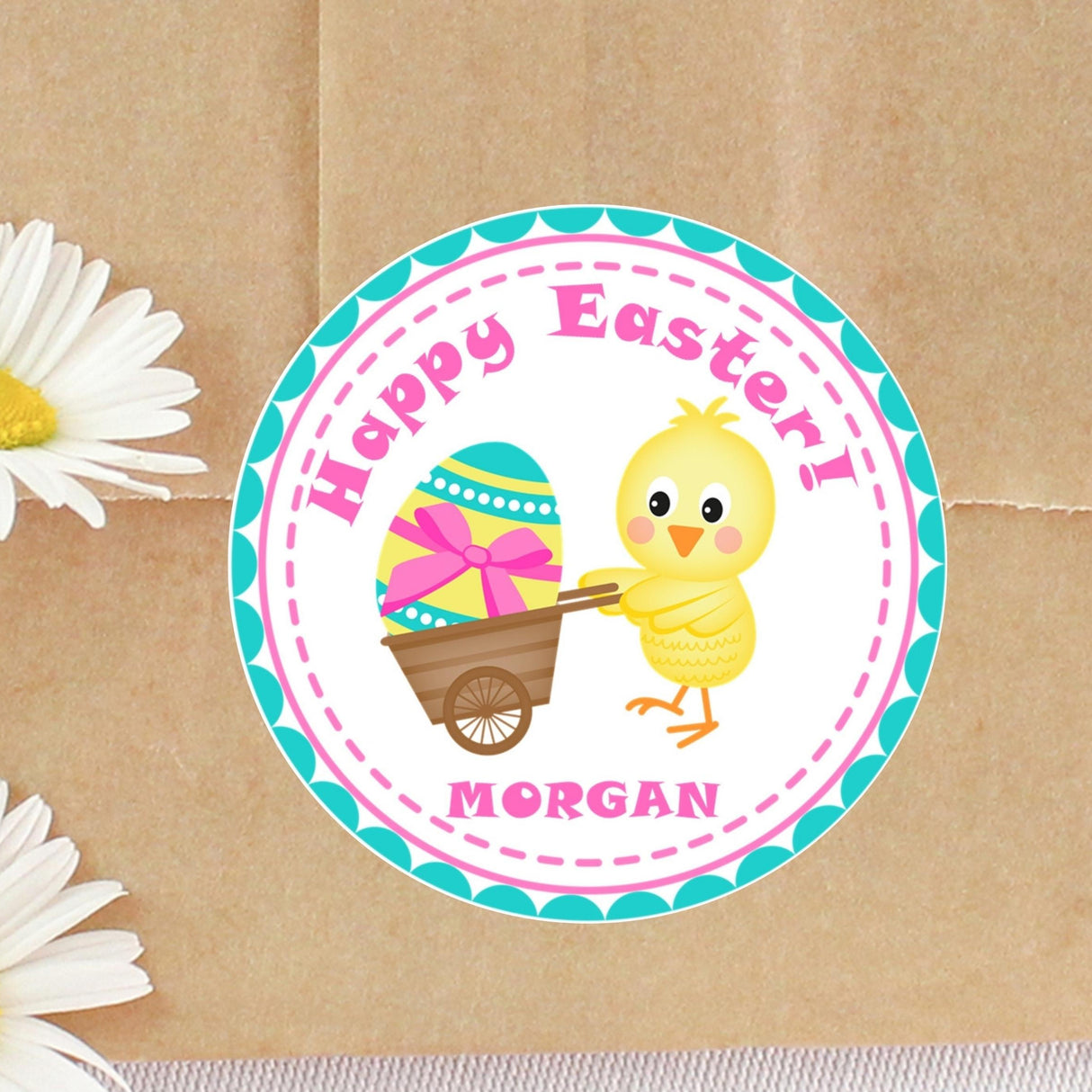 Personalized Happy Easter chick cart sticker for Easter favors