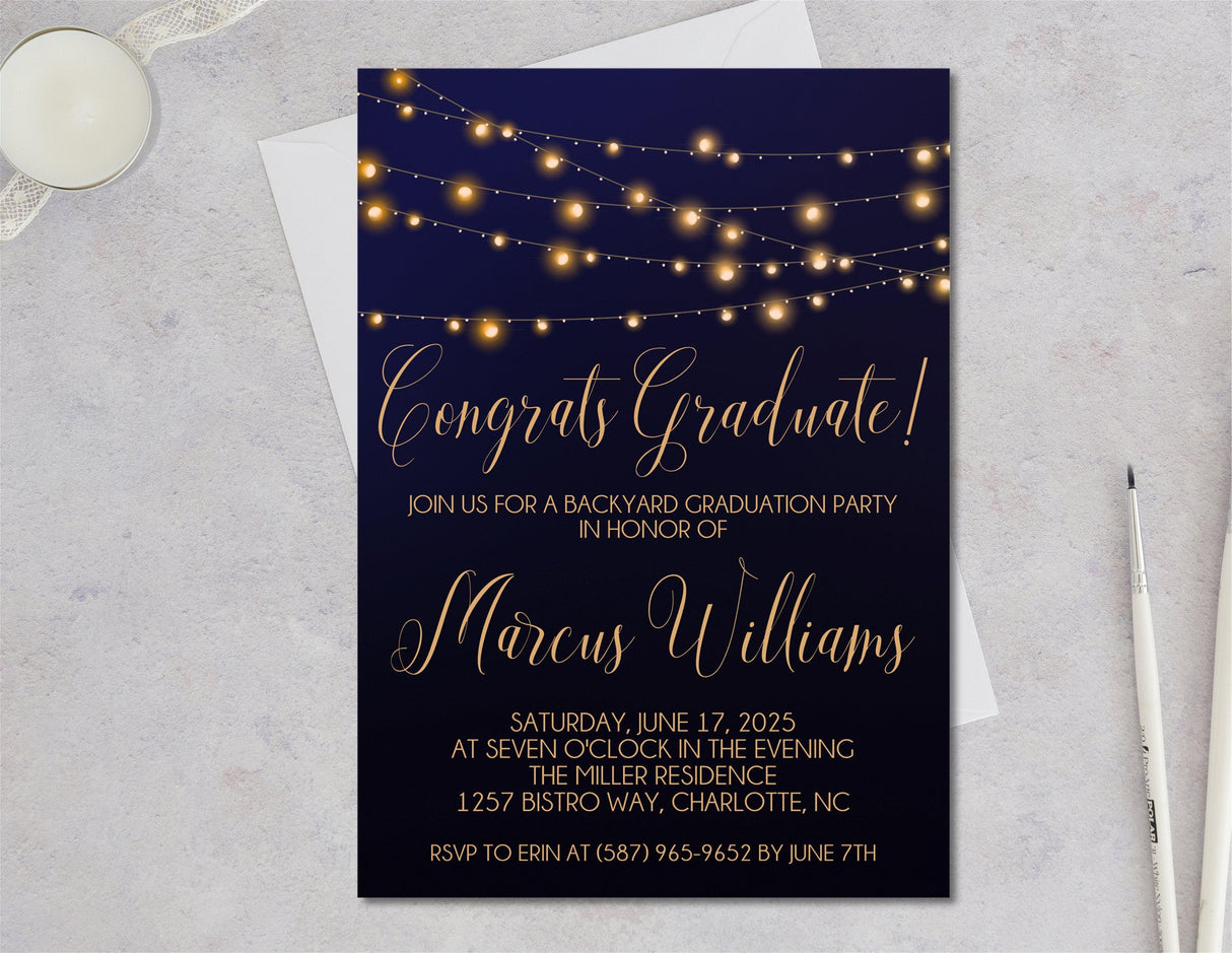 Evening graduation party invitation with gold lights on navy background