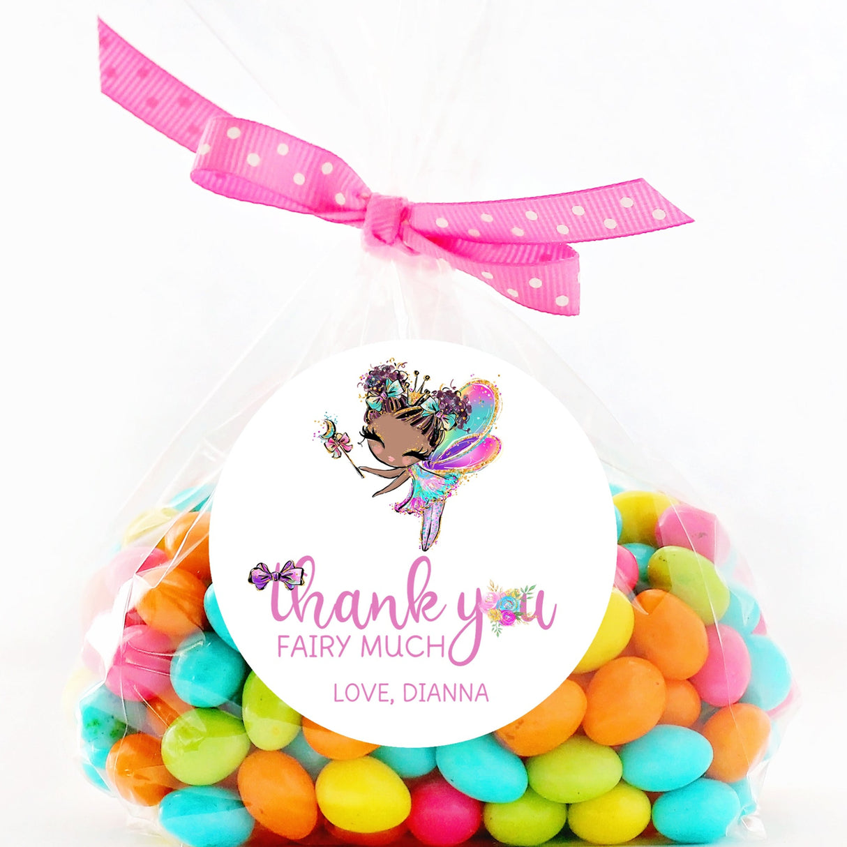 Fairy party favor sticker with “Thank You Fairy Much” design