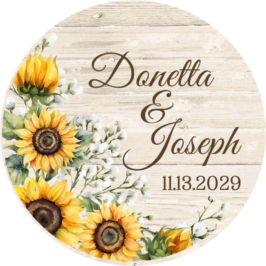 Fall wedding sticker featuring sunflowers on wood background