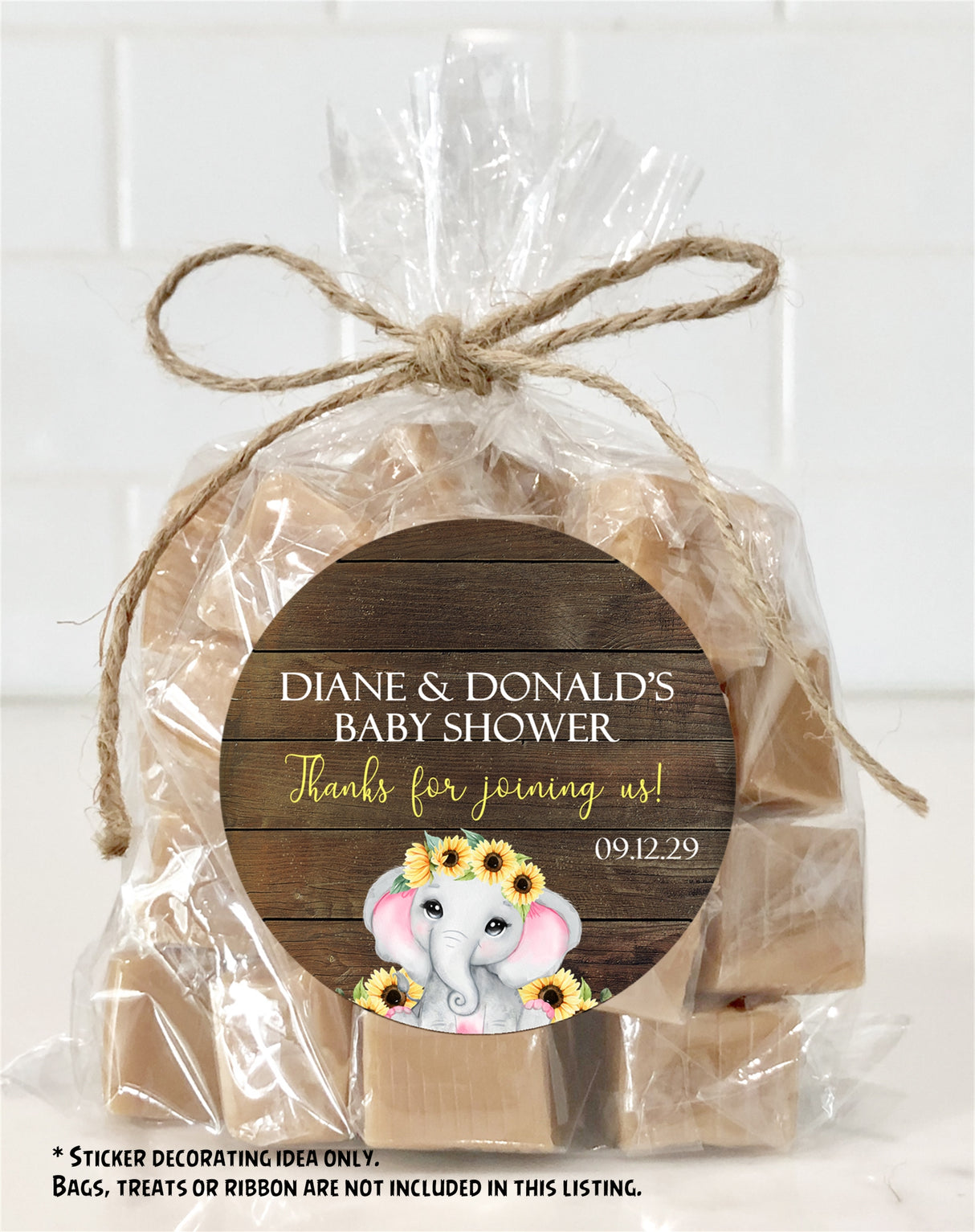 Sunflower elephant baby shower stickers on rustic wood background