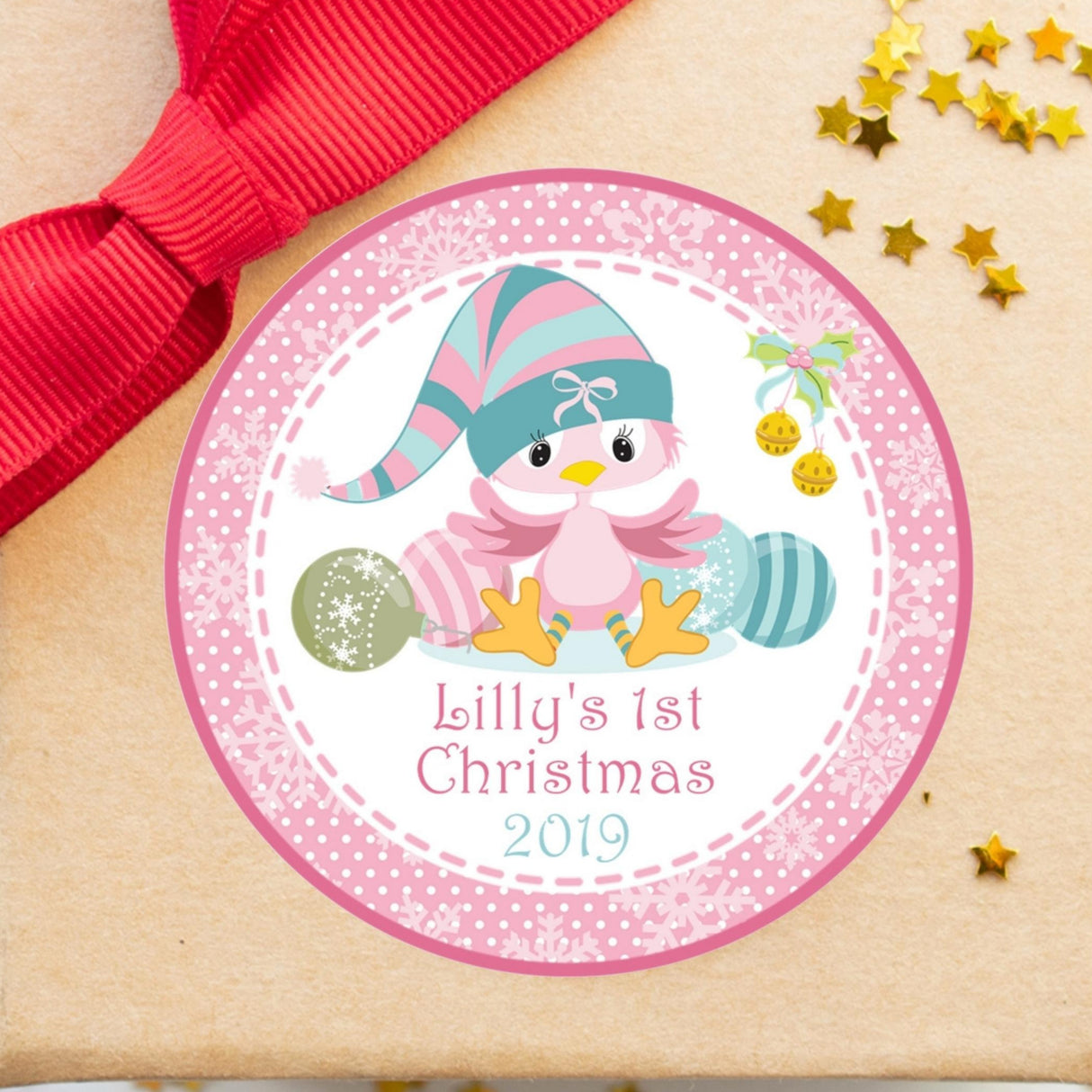 First Christmas pink winter bird sticker for baby celebrations