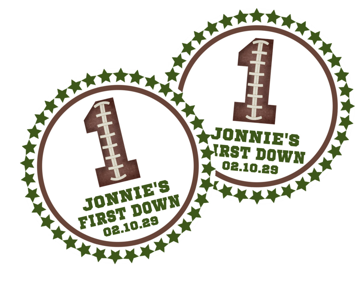 First Down football party favor label personalized with name