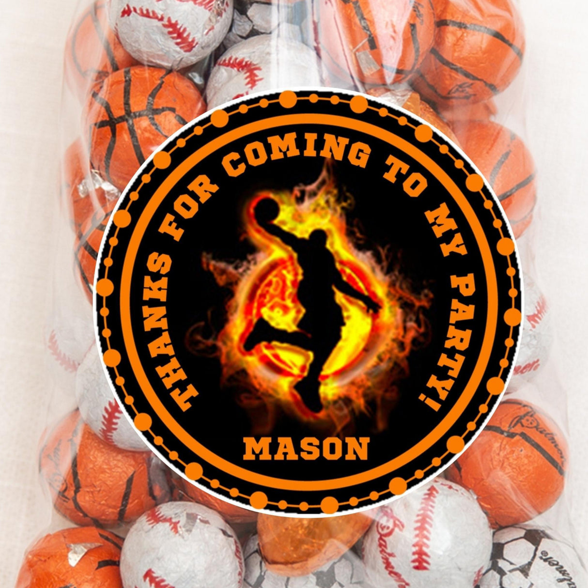Flaming basketball birthday sticker with player silhouette