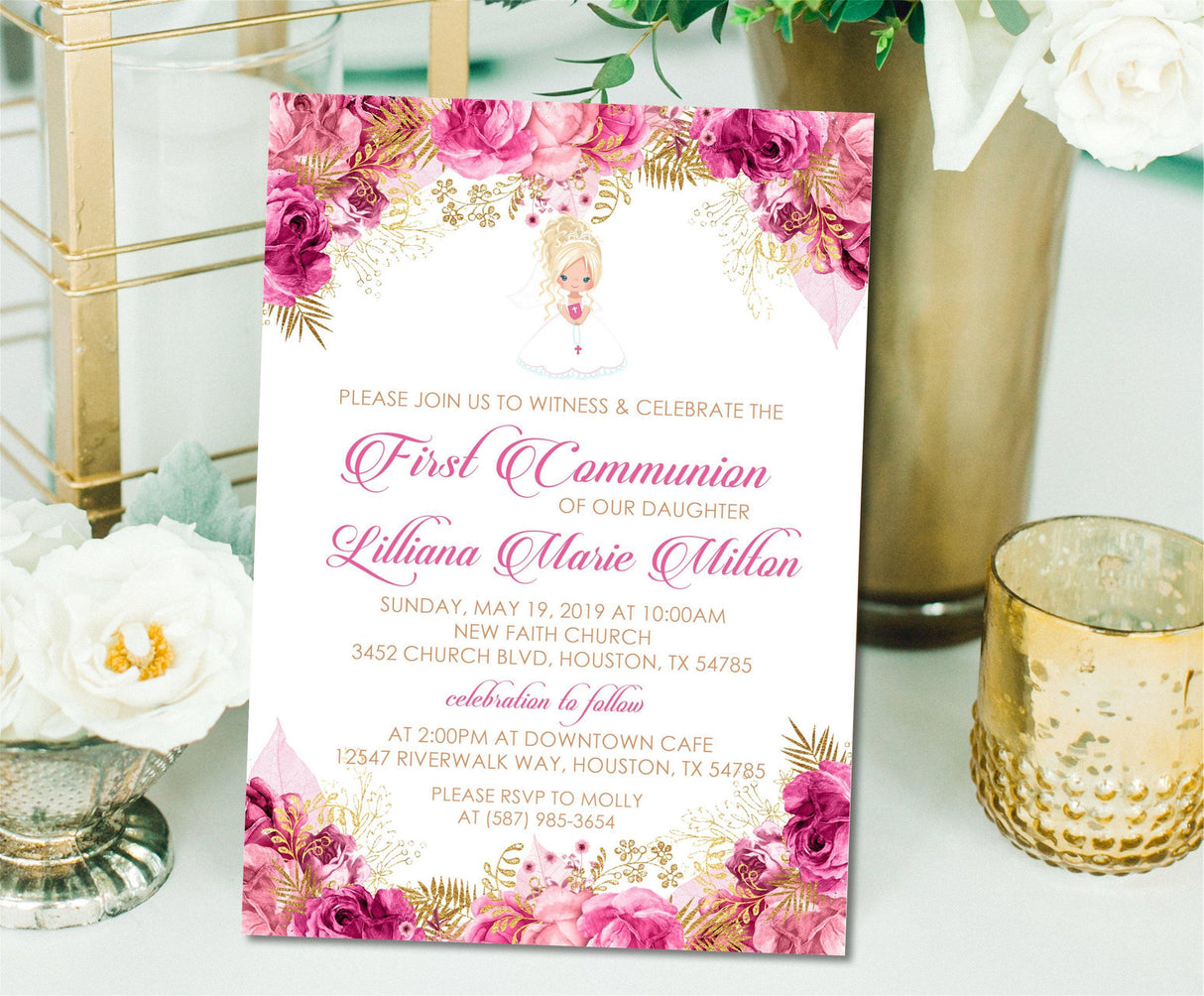 Floral First Holy Communion invitation in pink and gold
