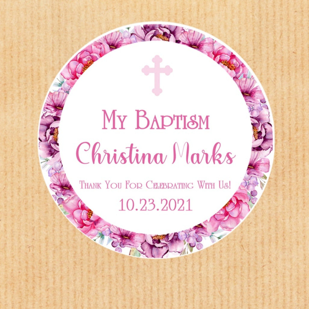 Floral cross baptism thank you sticker design