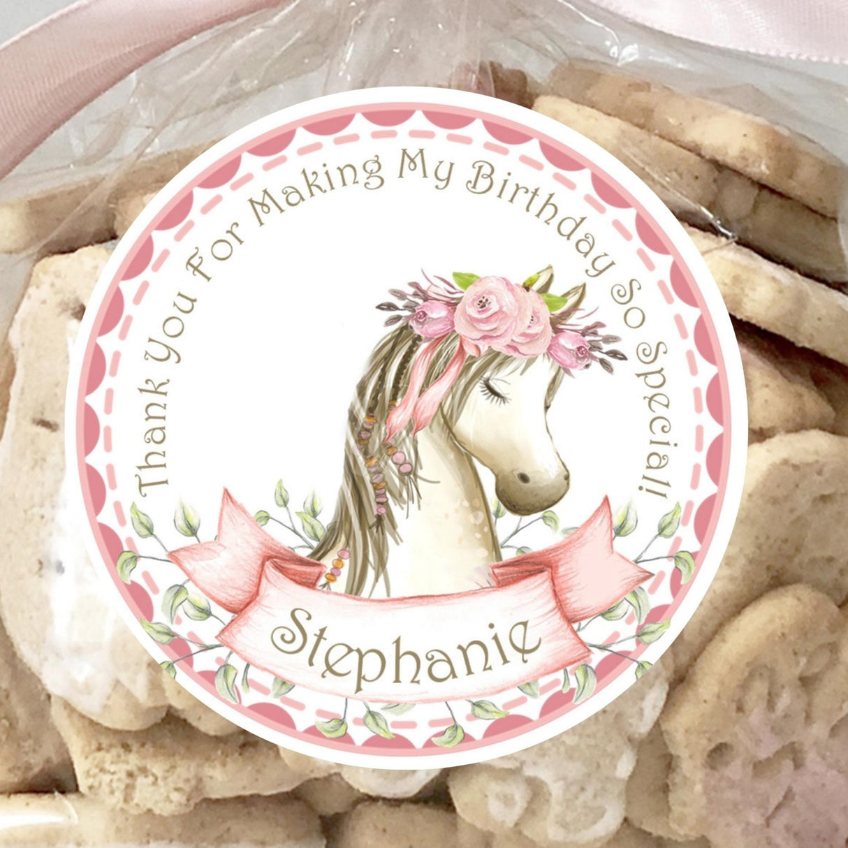 Floral horse head birthday sticker with personalized ribbon banner