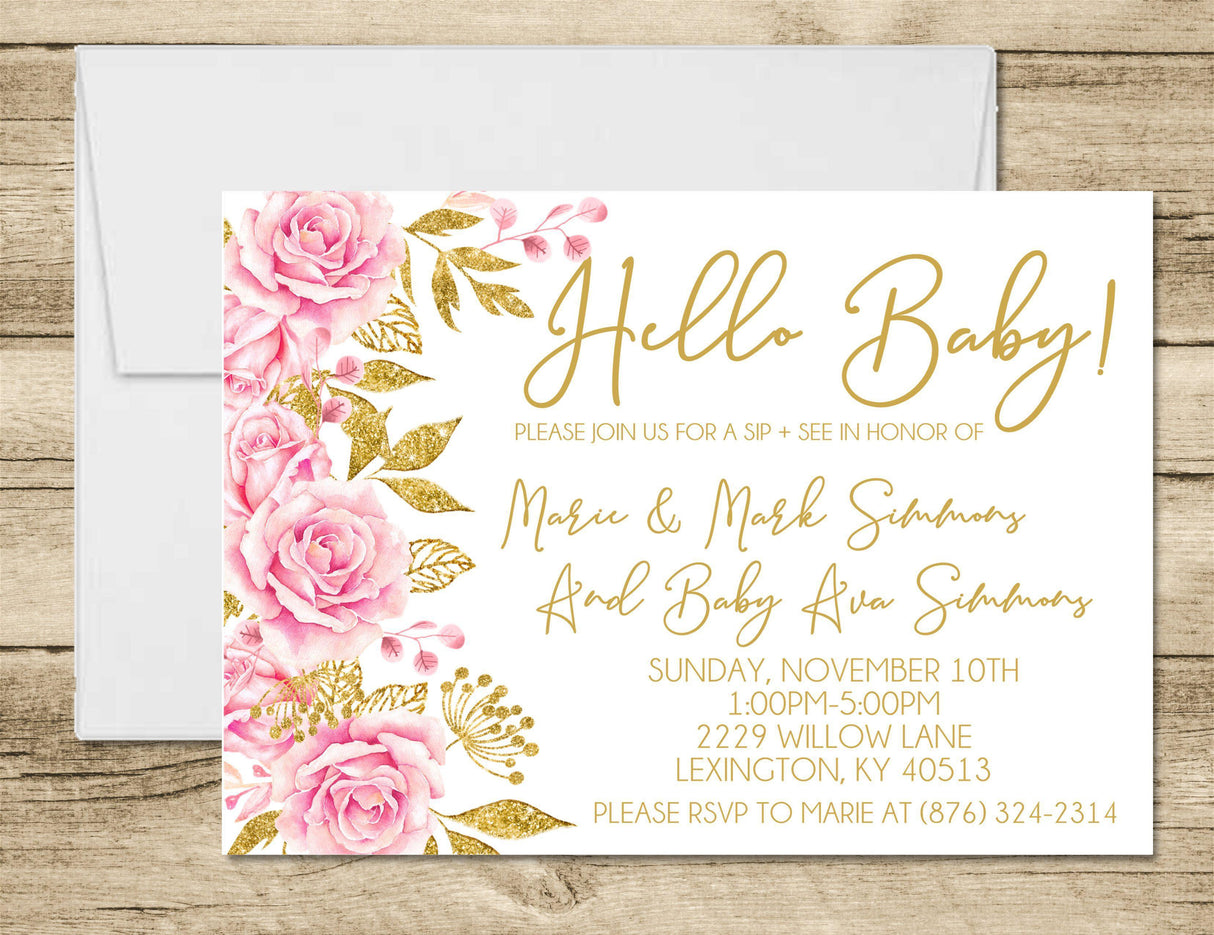 Floral pink and gold sip and see baby invitation design