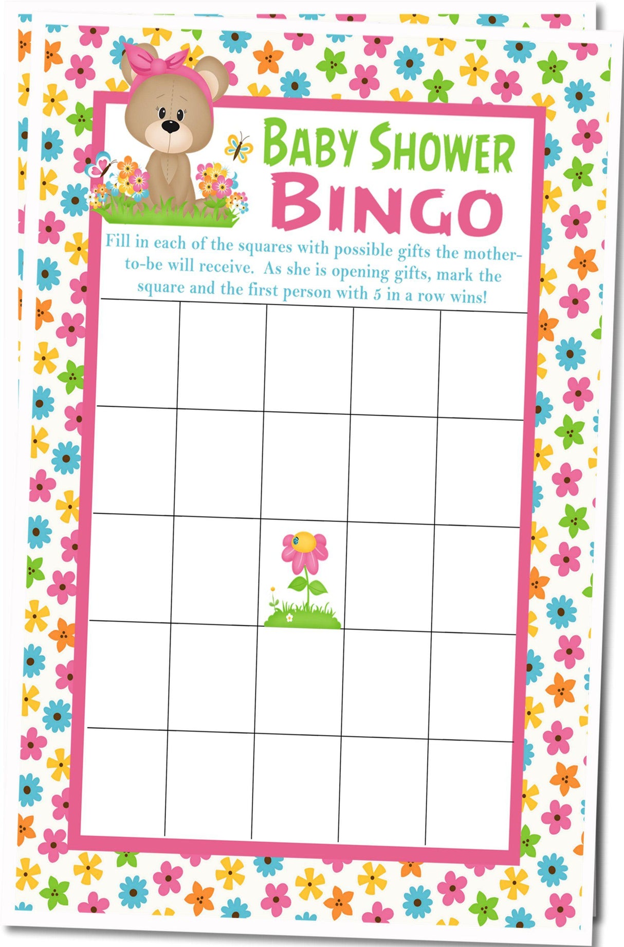 Floral teddy bear baby shower bingo PDF